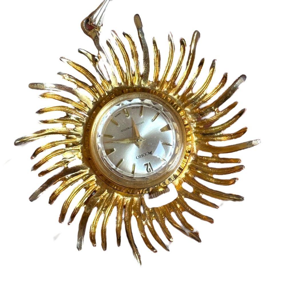 Vintsge 1960s CORO starburst wind up necklace watch gokd finish
